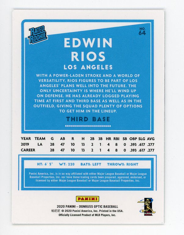 2022 Edwin Rios Rated Rookie Donruss Optic Los Angeles Dodgers # 64