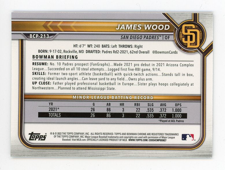 2022 James Wood Prospects Bowman San Diego Padres # BCP-213