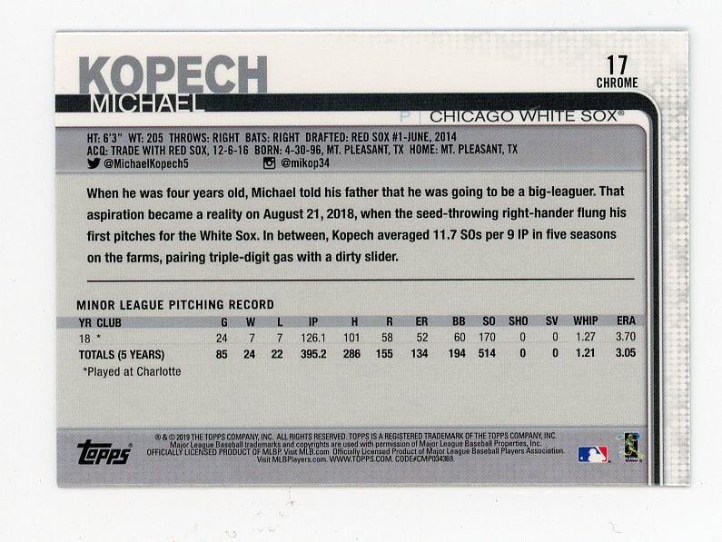 2019 Michael Kopech Rookie Topps Chrome Chicago White Sox # 17
