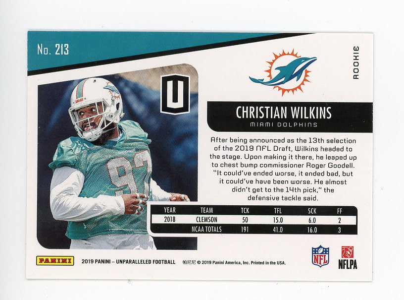 2019 Christian Wilkins Rookie Panini Miami Dolphins # 213