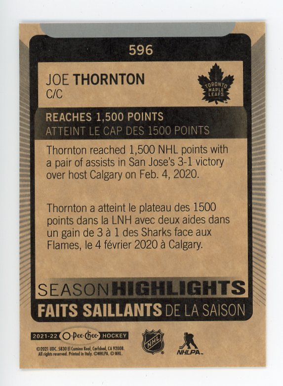 2021-2022 Joe Thornton Threads Of Time Artifacts San Jose Sharks # TT