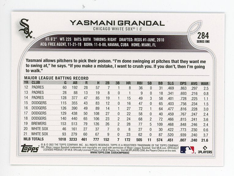 2022 Yasmani Grandal Silver Topps Chicago White Sox # 284