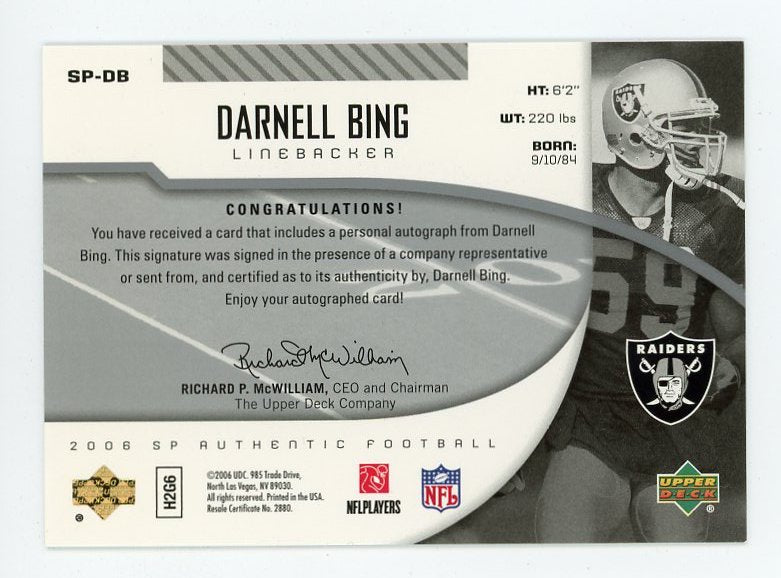 Darnell Bing autographed Football Card (Oakland Raiders) 2006