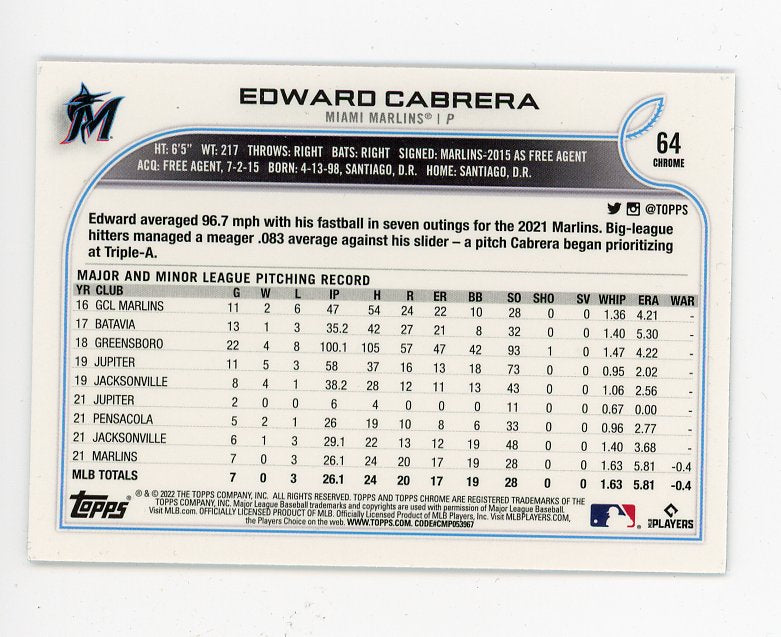 2022 Edward Cabrera Rookie Topps Chrome Miami Marlins # 64